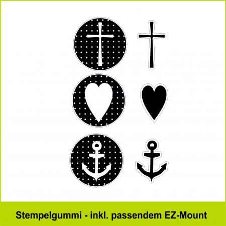 Symbole Kreuz, Herz, Anker  - Stempelgummi 7,5x10,5cm